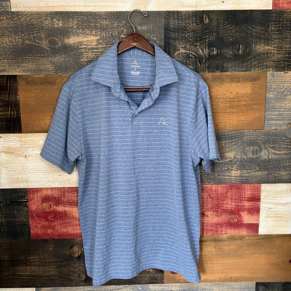 Rhoback Mens Polo Shirt Blue White Striped Short Sleeve Performance Stretch L